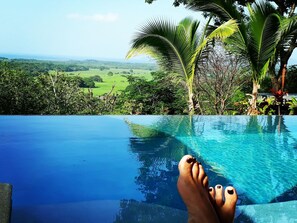 A pool with clear blue water, surrounded by lush greenery and palm trees, overlooking a green landscape.
