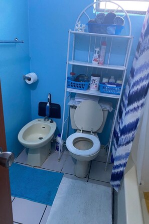 A small bathroom with a bidet, toilet, and shelves holding toiletries.