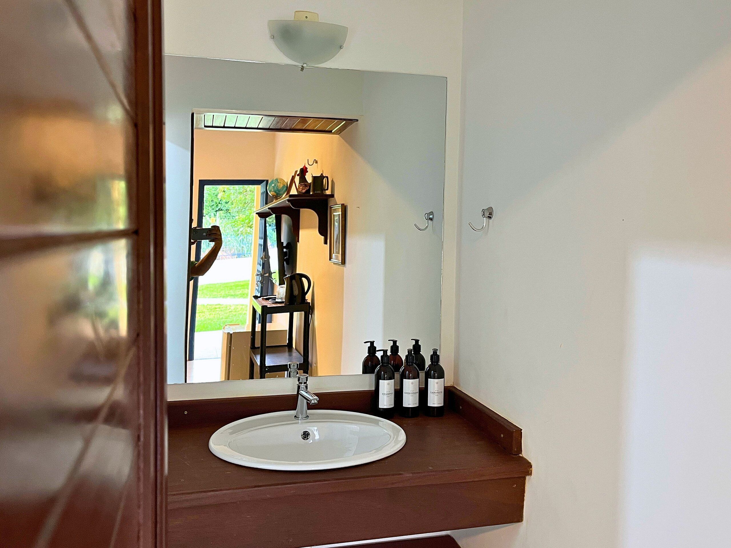 A bathroom with a white sink, a mirror, and a shelf with bottles.