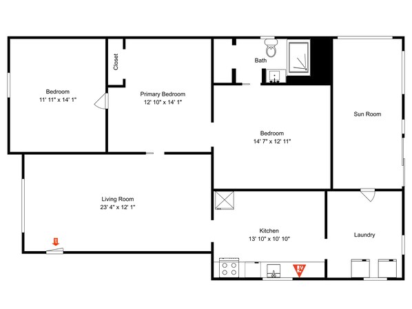 A floor plan with a bedroom (11' 11" x 14' 1"), a primary bedroom (12' 10" x 14' 1"), a living room (23' 4" x 12' 1"), a kitchen (13' 10" x 10'), a bathroom, a sun room, and a laundry area.