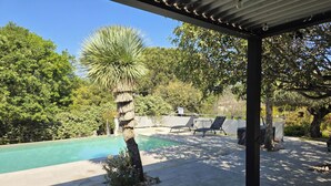 Un'area esterna coperta con piscina, poltrona prendisole e una palma.