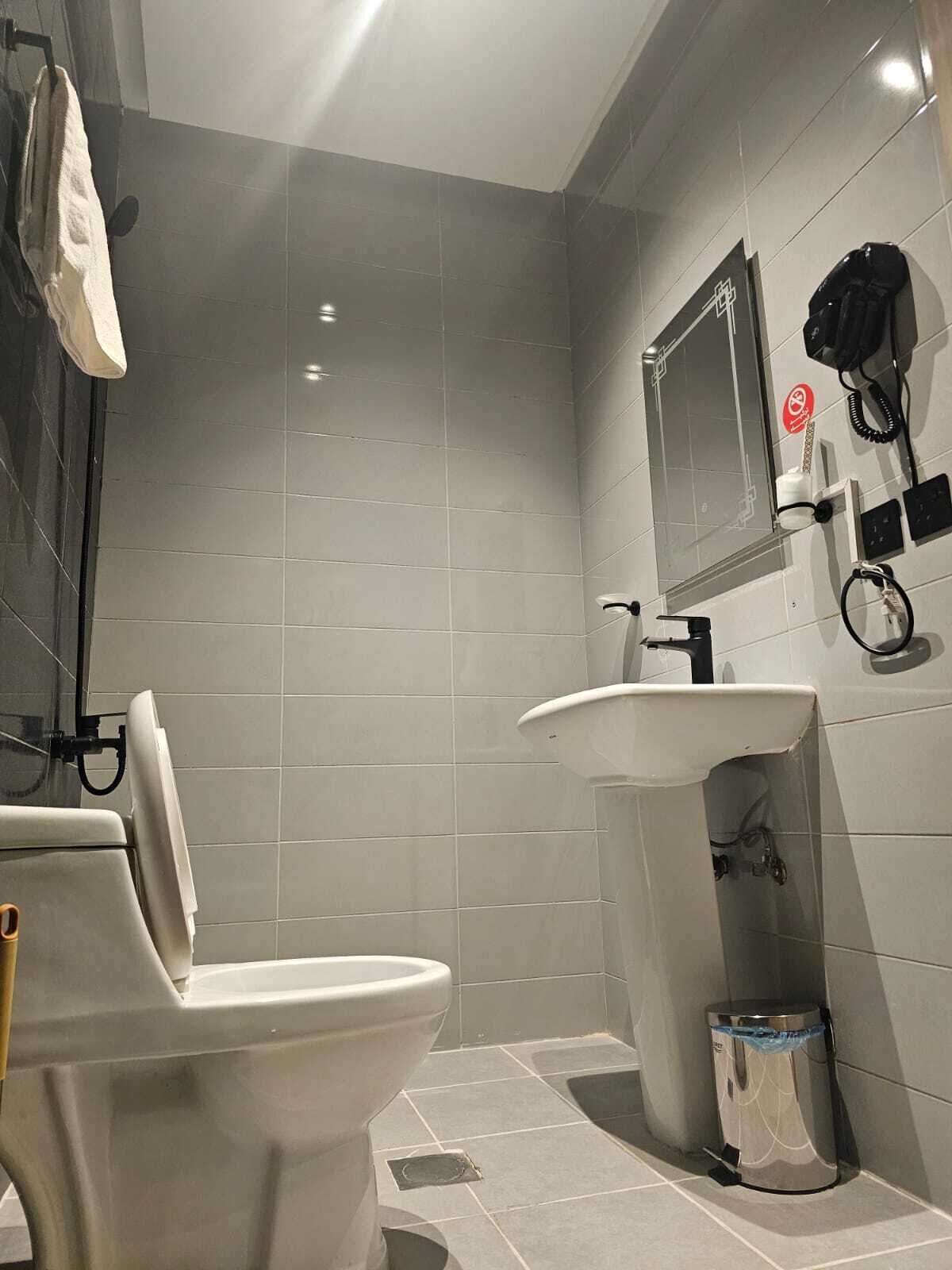 A modern bathroom with a toilet, sink, and mirror.