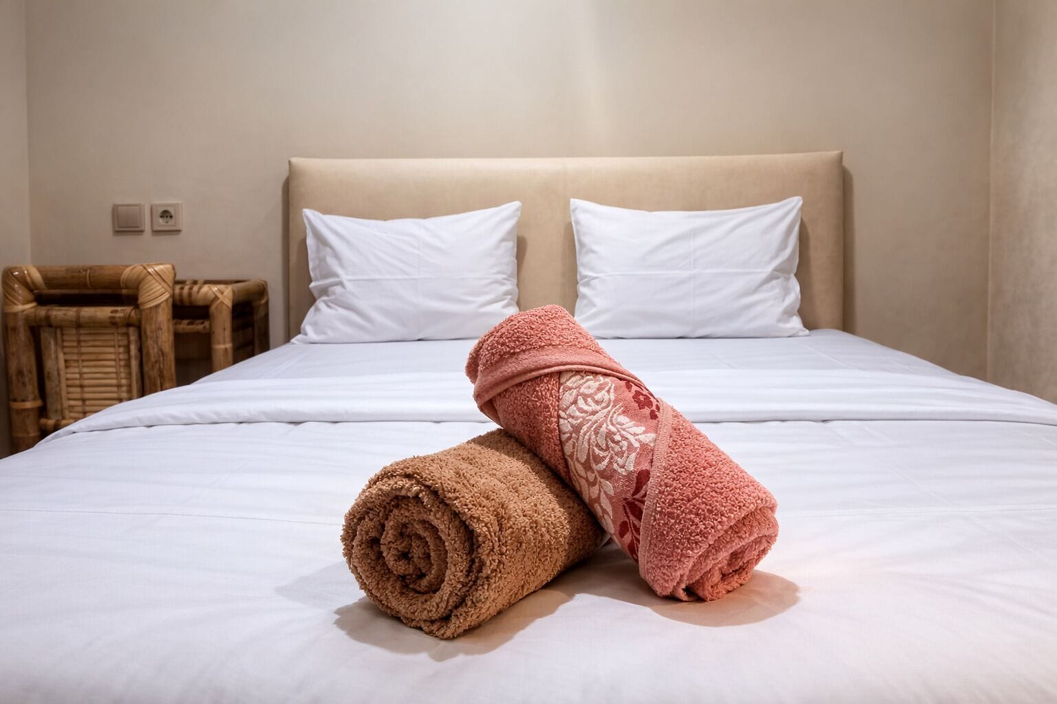 A neatly made bed with white pillows and two rolled towels, one brown and one pink with a pattern.