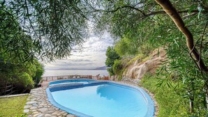 Una piscina rectangular con borde de piedra, rodeada de abundante vegetación y una terraza de madera.