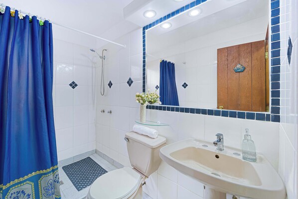 Une salle de bain équipée d’une douche, de toilettes, d’un lavabo et d’un miroir.