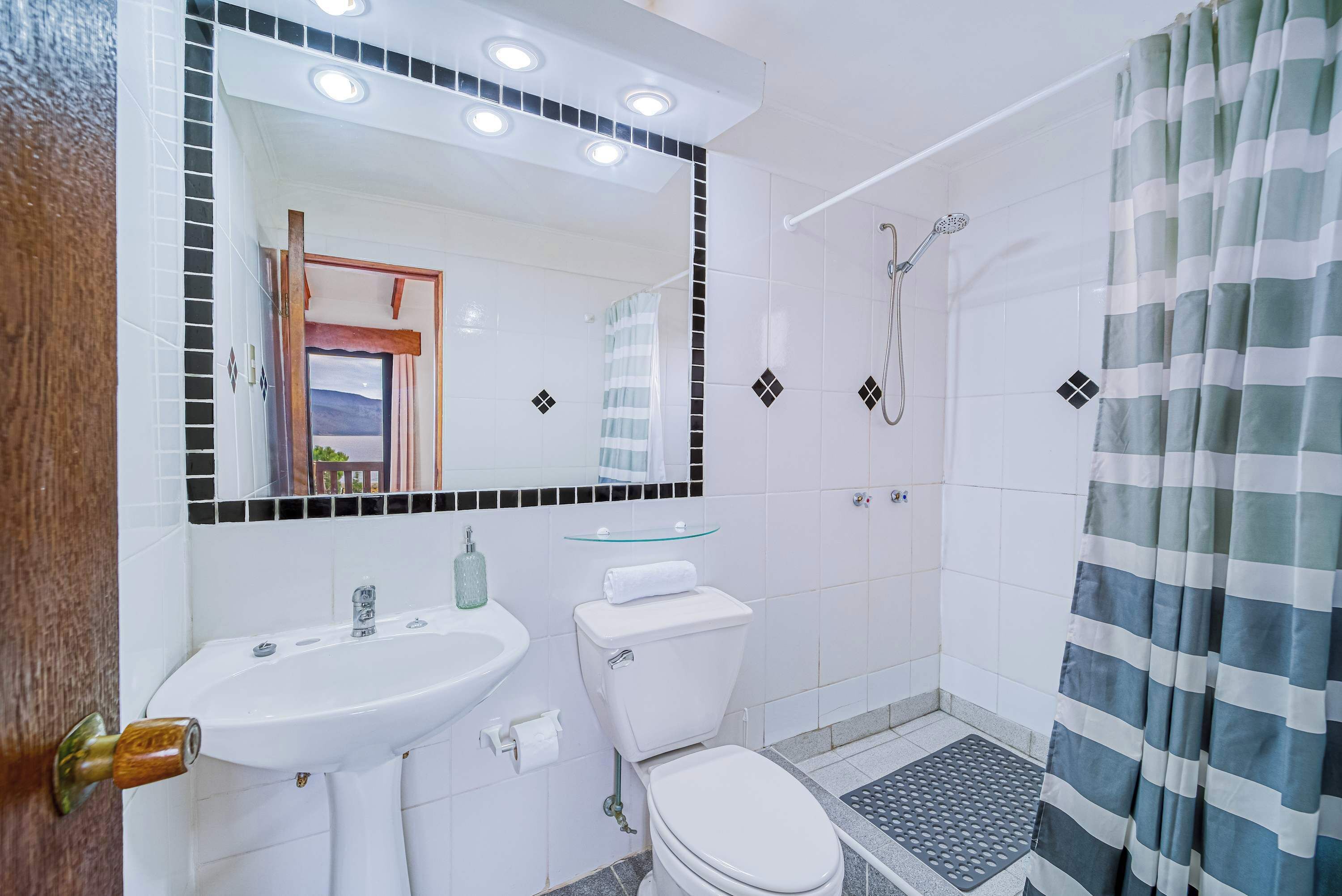 Une salle de bain équipée d’un lavabo, de toilettes, d’une douche et d’une étagère en verre.