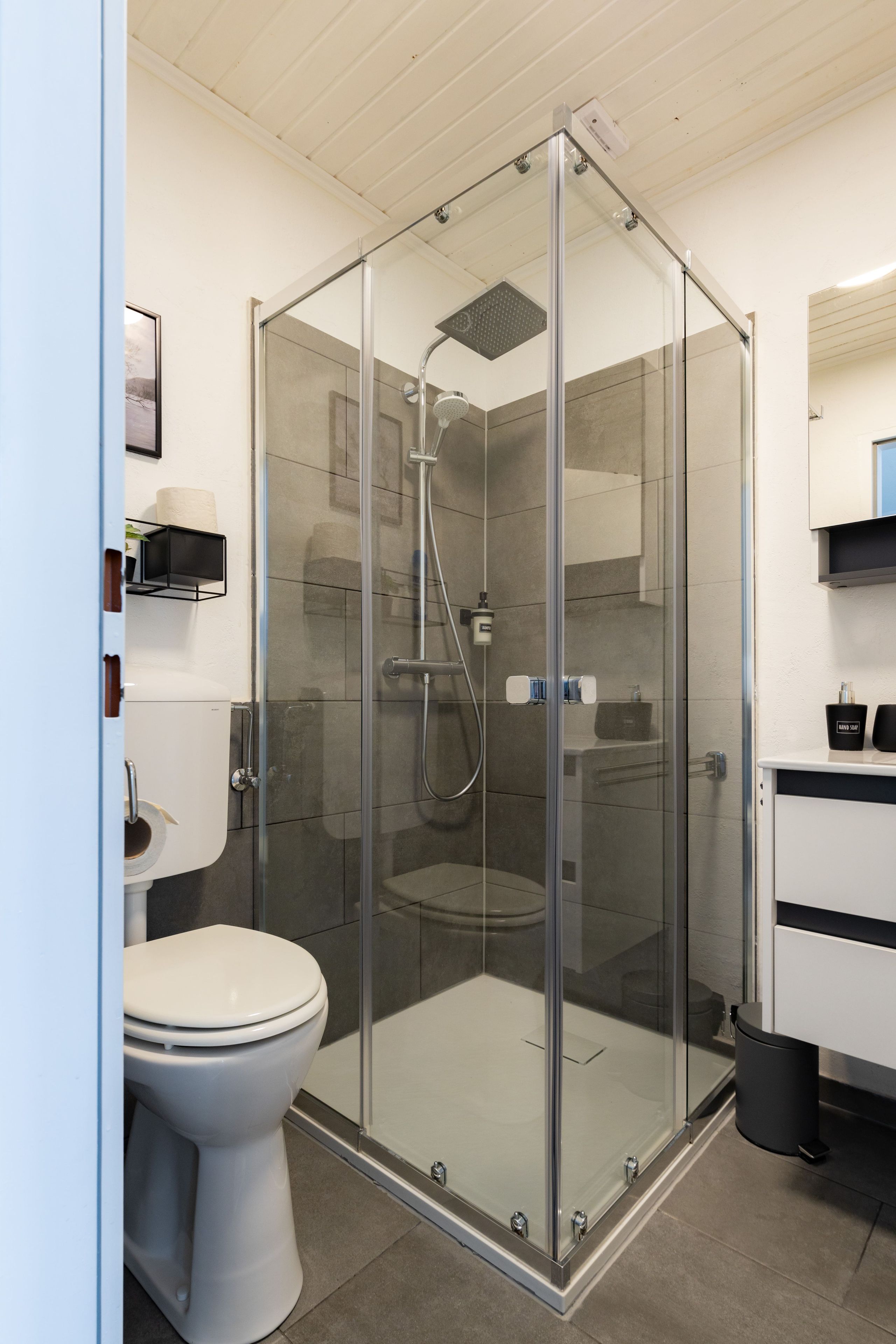 Une salle de bain moderne avec une douche à parois de verre, des toilettes et un lavabo.