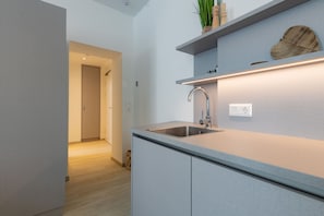 A modern kitchen with a stainless steel sink, a wooden shelf with decorative items, and a recessed ceiling light. - Mohr am Semmering (Semmering)