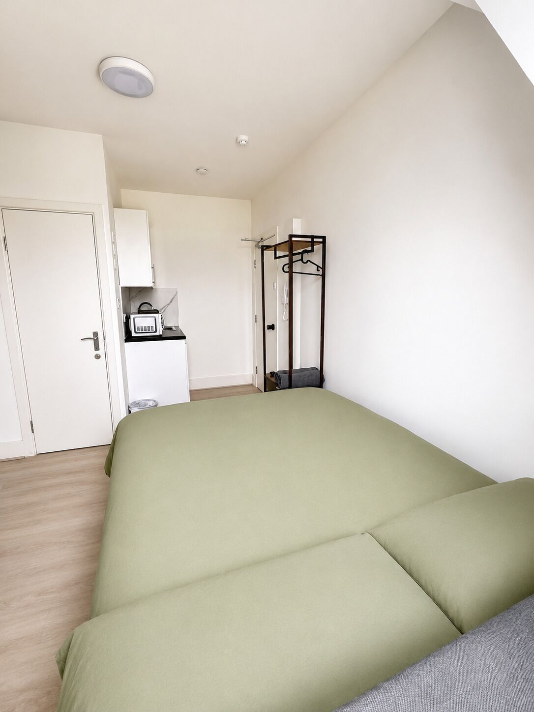 A room with a bed, a kitchenette, a door, and a shower area.