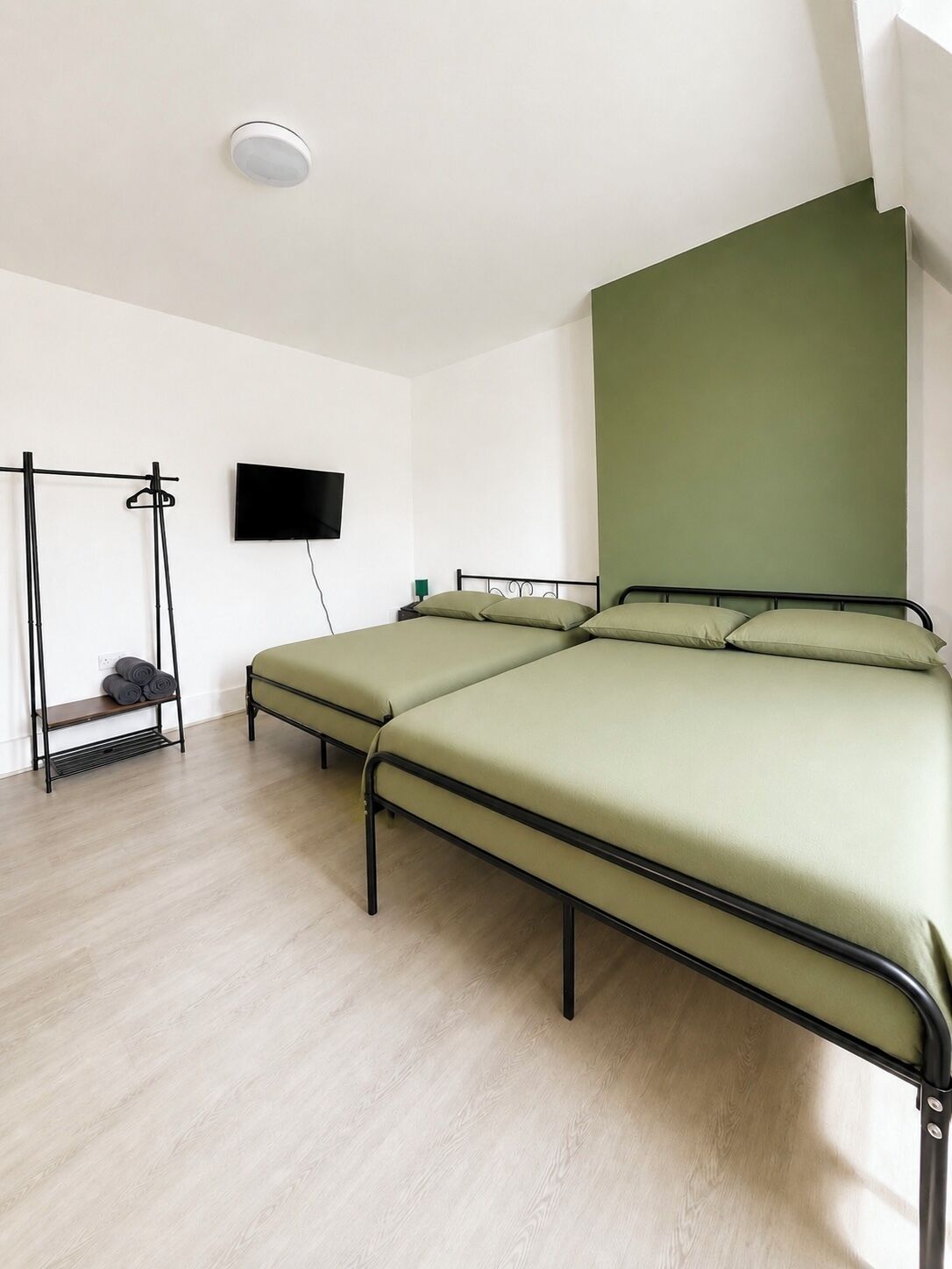 A room with two beds, a TV, and a ceiling light.