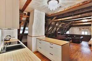 Attic apartment with 2 bedrooms, a sauna, and a shower AP5 | Private kitchen - Wellness Hotel Republika 24 (Plzeň)