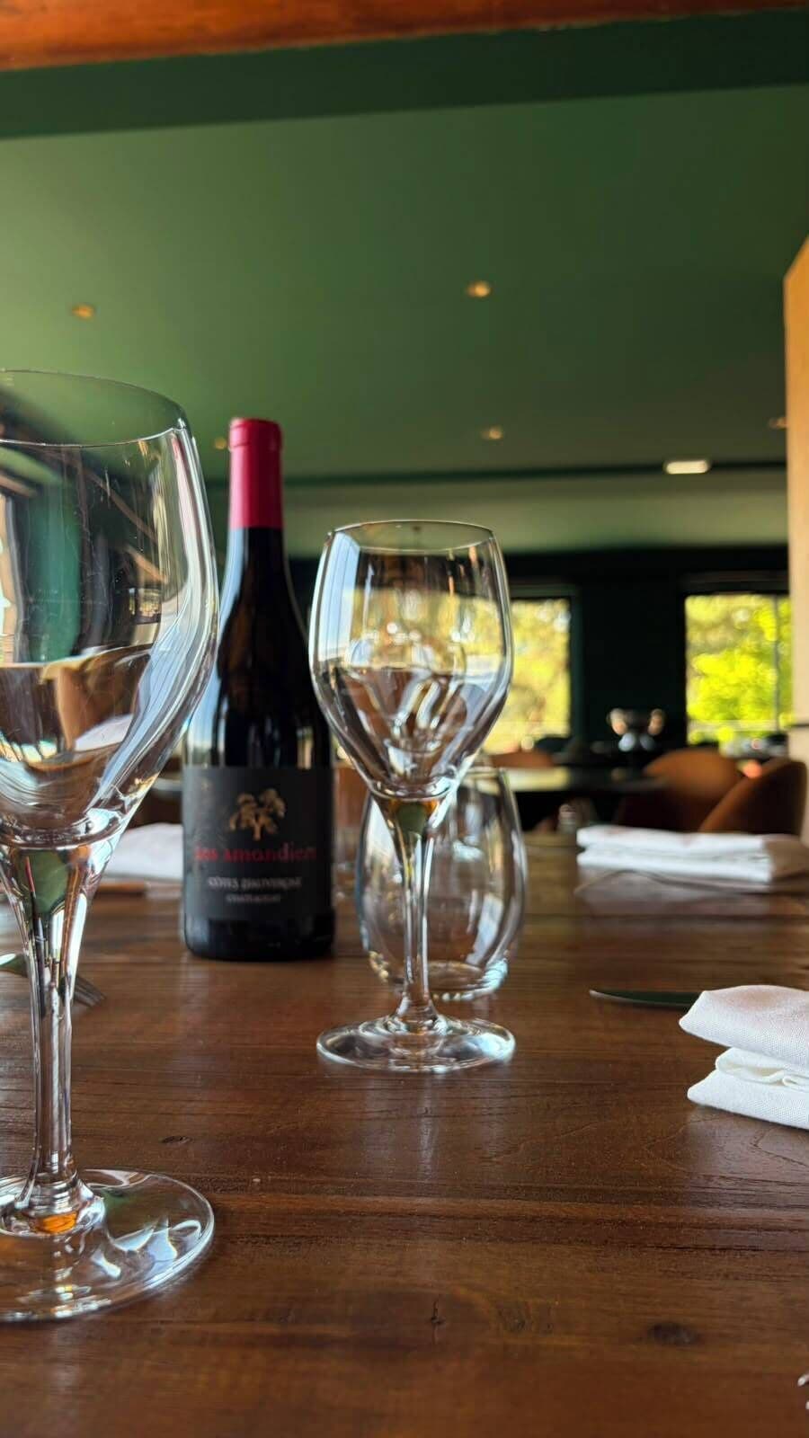 Dos copas de vino y una botella de vino sobre una mesa de madera en una habitación con techo verde y ventanas.