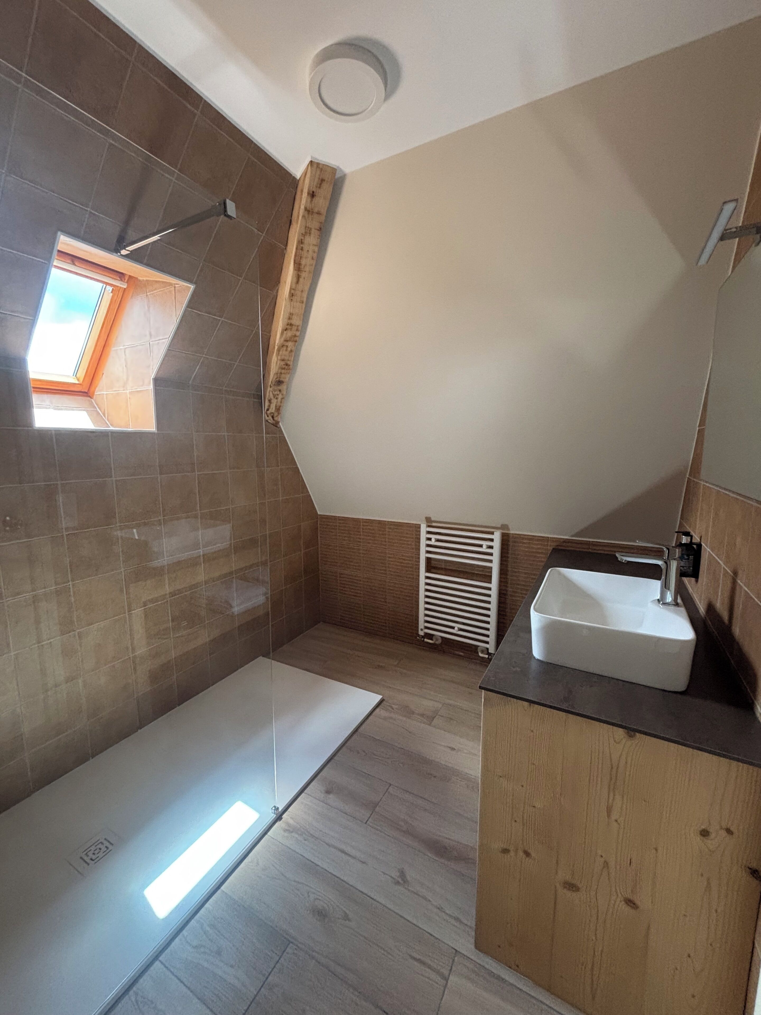 A bathroom with a shower, a sink, a window, and a radiator.