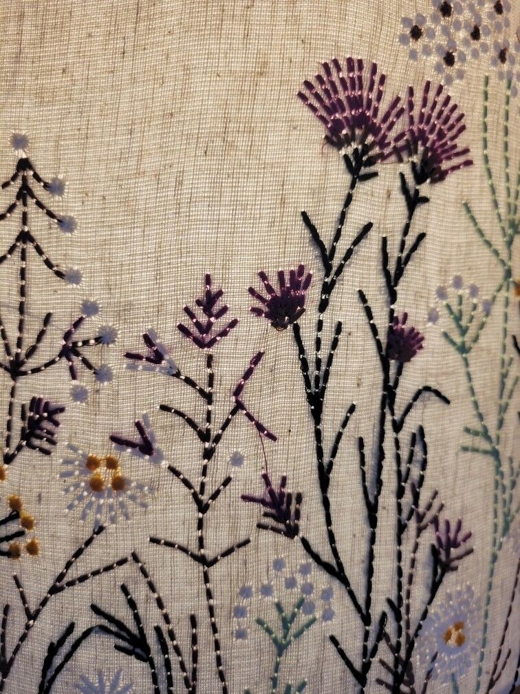 A close-up of a fabric with embroidered floral patterns.