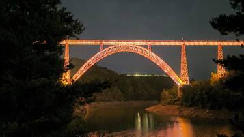 Vista nocturna de un puente grande e iluminado que cruza un río, rodeado de árboles.