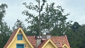 Una casa de dos pisos con balcón, porche y chimenea.