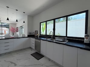 A modern kitchen with white cabinets, a black countertop, a sink, and a window with a view of greenery.