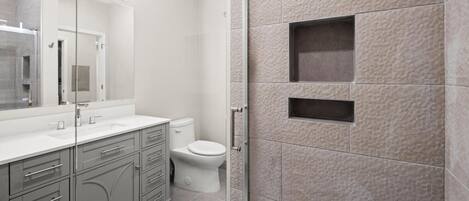 Hair dryer, towels, soap, toilet paper
