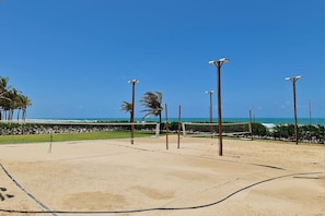 A beach volleyball court with a net, palm trees, and a view of the ocean.