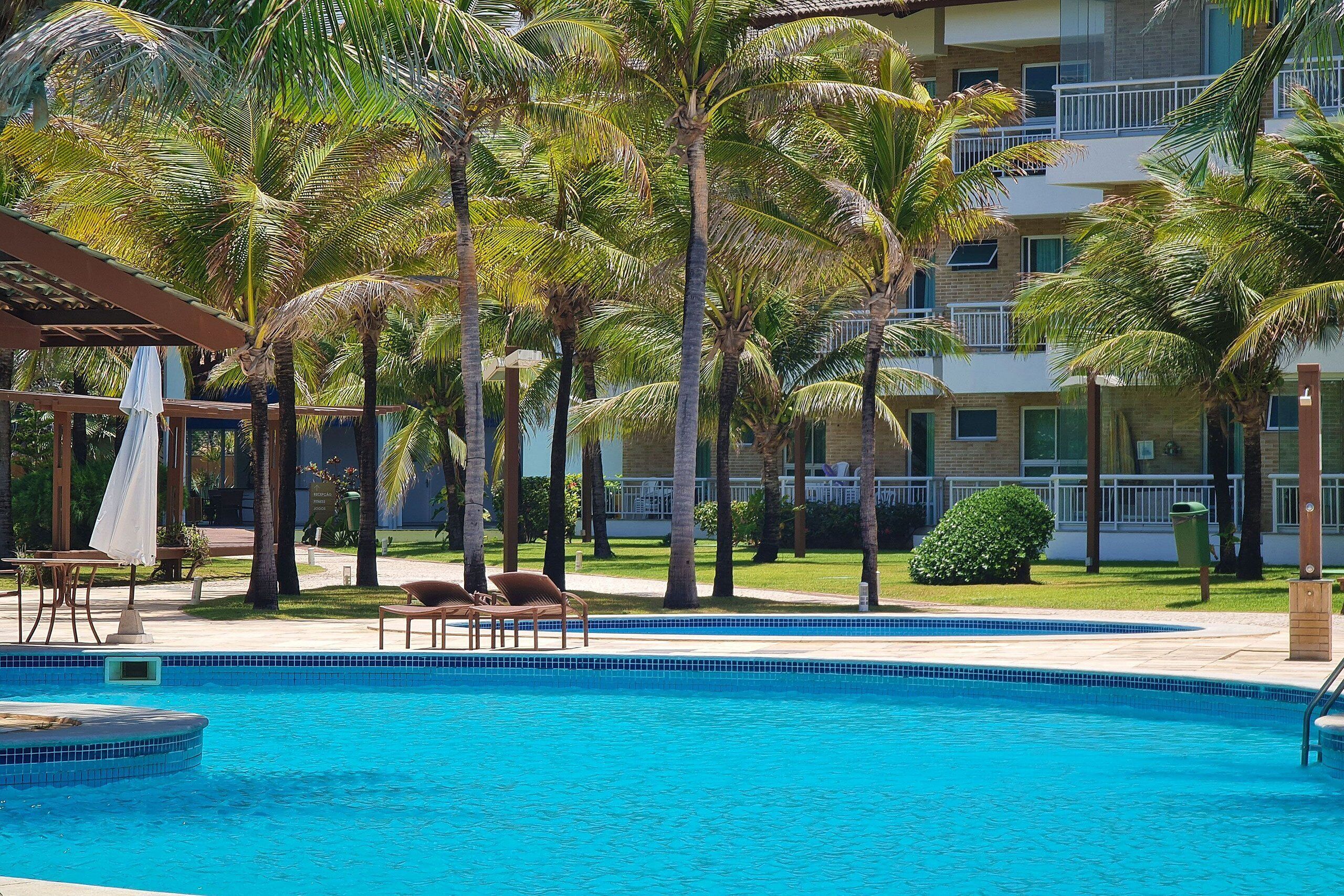 A swimming pool surrounded by palm trees and lounge chairs, with a building in the background.