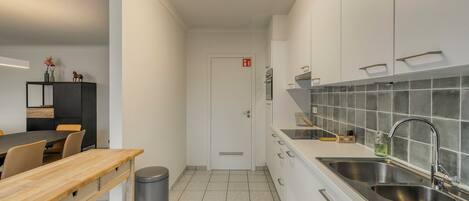 A modern kitchen with white cabinets, stainless steel sinks, and a tiled backsplash.