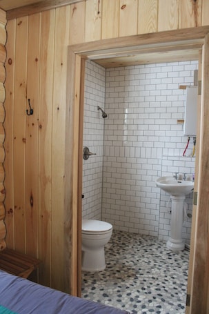 Shower, towels, soap, toilet paper. Off-Grid Cozy 2-bedroom cabin in fabulous Adams Center with AC
