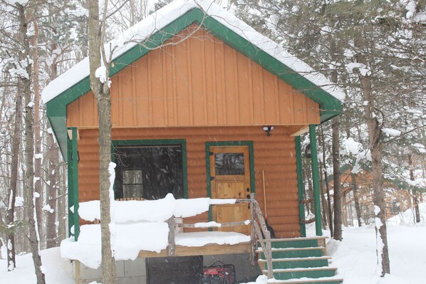 Une cabane en bois avec une porte et des fenêtres vertes, entourée d’arbres couverts de neige.
