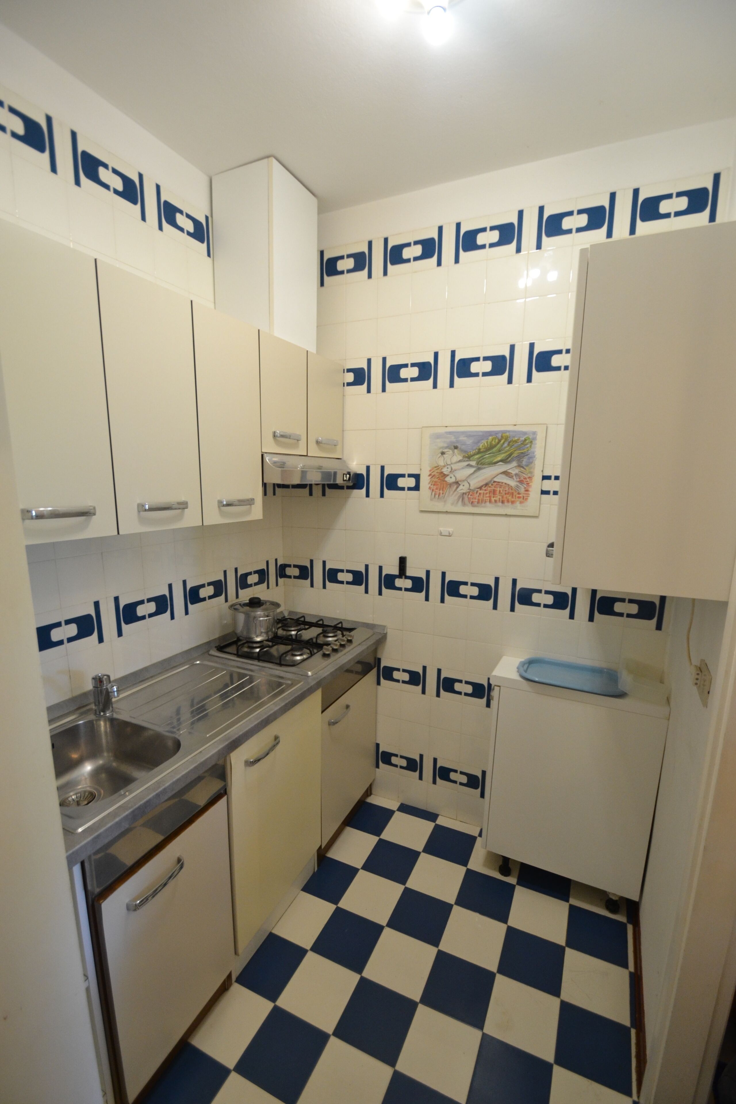 A compact kitchen with white cabinets, a gas stove, a sink, and a blue checkered floor.