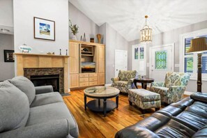 TV, lareira, DVD player, livros