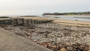 Une plage avec une promenade en béton et un rivage rocheux.