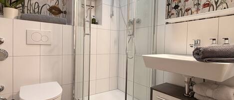 Douche, sèche-cheveux, serviettes fournies