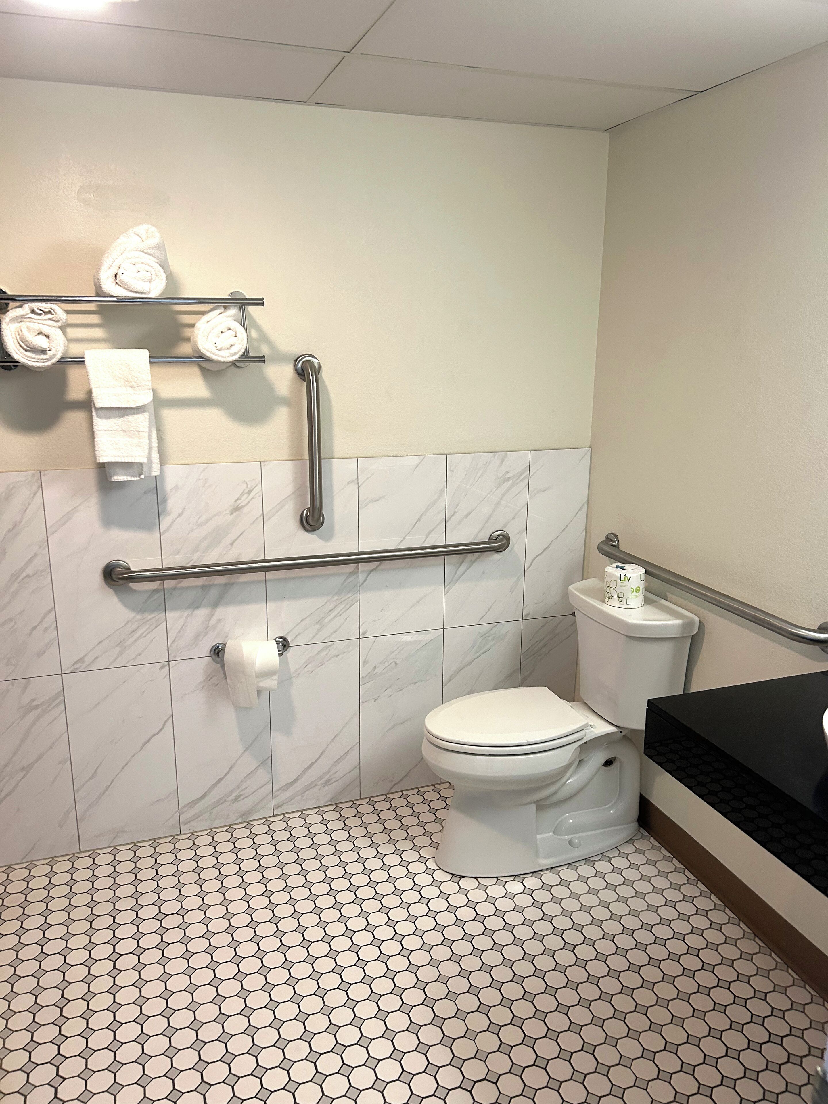 Serviettes fournies, savon, shampoing, papier toilette