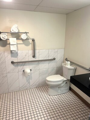 Serviettes fournies, savon, shampooing, papier de toilette