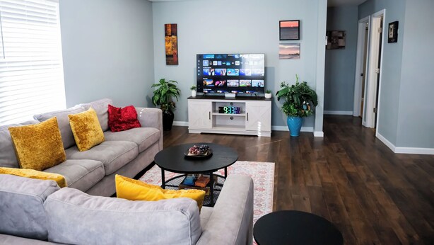 Ein Wohnzimmer mit grauem Sofa, einem Couchtisch und einem Flachbildfernseher. Zwei Zimmerpflanzen und eine Wanduhr sind ebenfalls vorhanden.