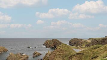 A coastal landscape with rocky outcrops and grassy terrain.