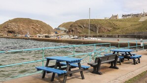 Una zona sul lungomare con tavoli da picnic, un molo con barche e edifici sullo sfondo.