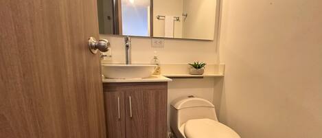 Un bagno con un armadietto in legno, un lavandino bianco, un water e una piccola pianta in vaso sul ripiano.