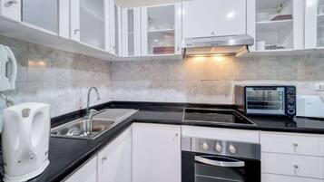 Fridge, microwave, stovetop, toaster