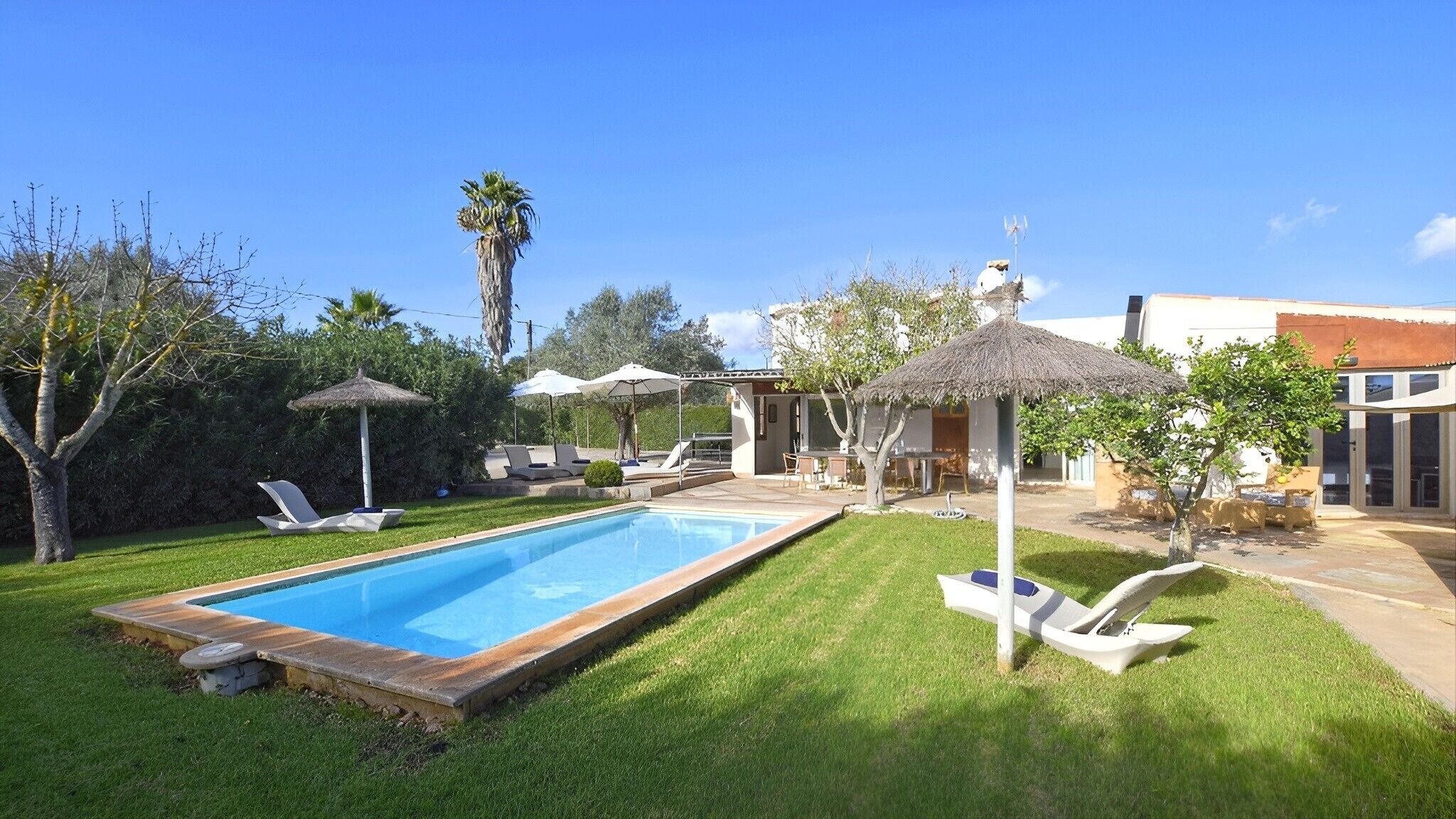 Une piscine avec des chaises longues, des parasols et une structure à toit de chaume dans un jardin.