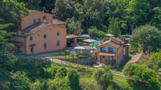 A traditional villa with a tiled roof, surrounded by lush greenery and a stone wall. - Podere Bagnoli farmhouse with swimming pool and sea view (Toscana)