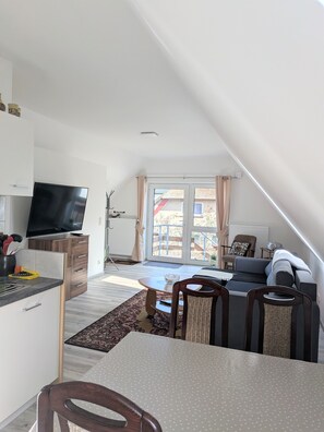 TV, fireplace - Apartment 'Waldblick' with Private Terrace and Wi-Fi (Fuhlendorf)