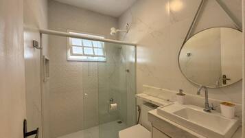 Hair dryer, towels, toilet paper