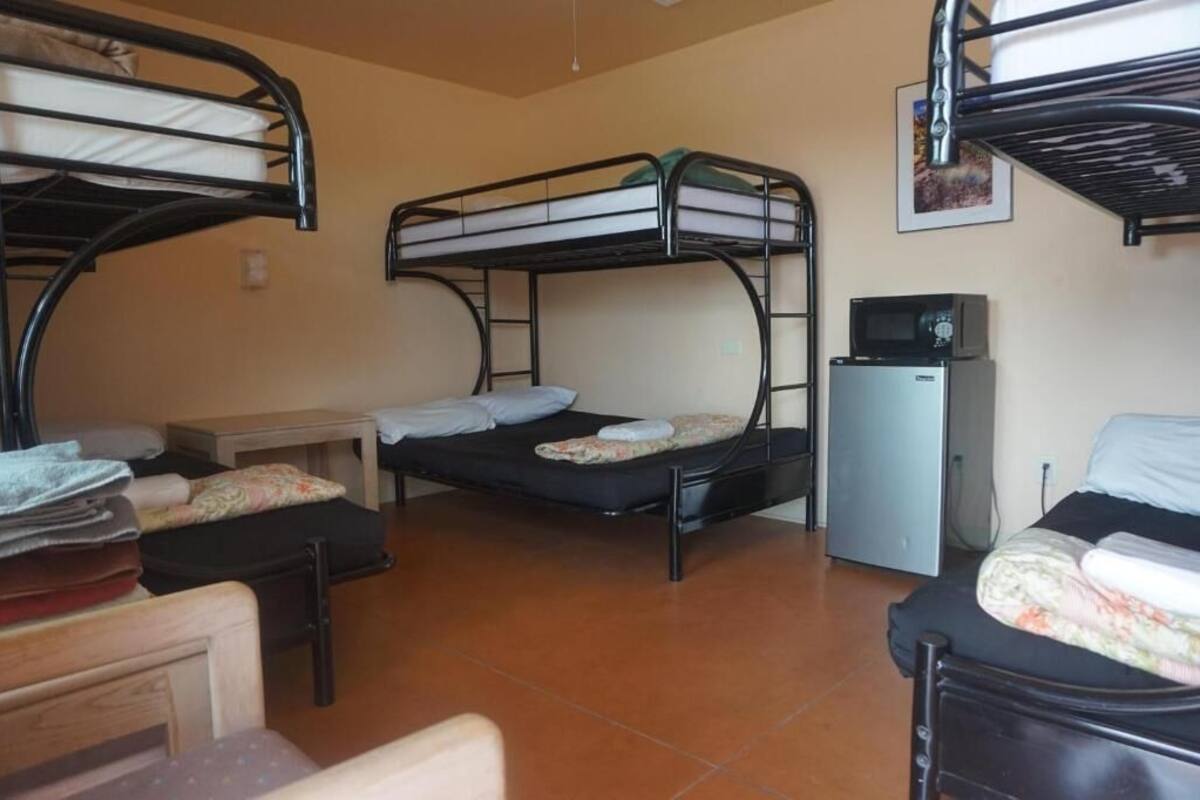 A dormitory room with bunk beds, a small desk, a microwave, and a chair.