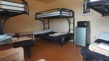 A dormitory room with bunk beds, a small desk, a microwave, and a chair.