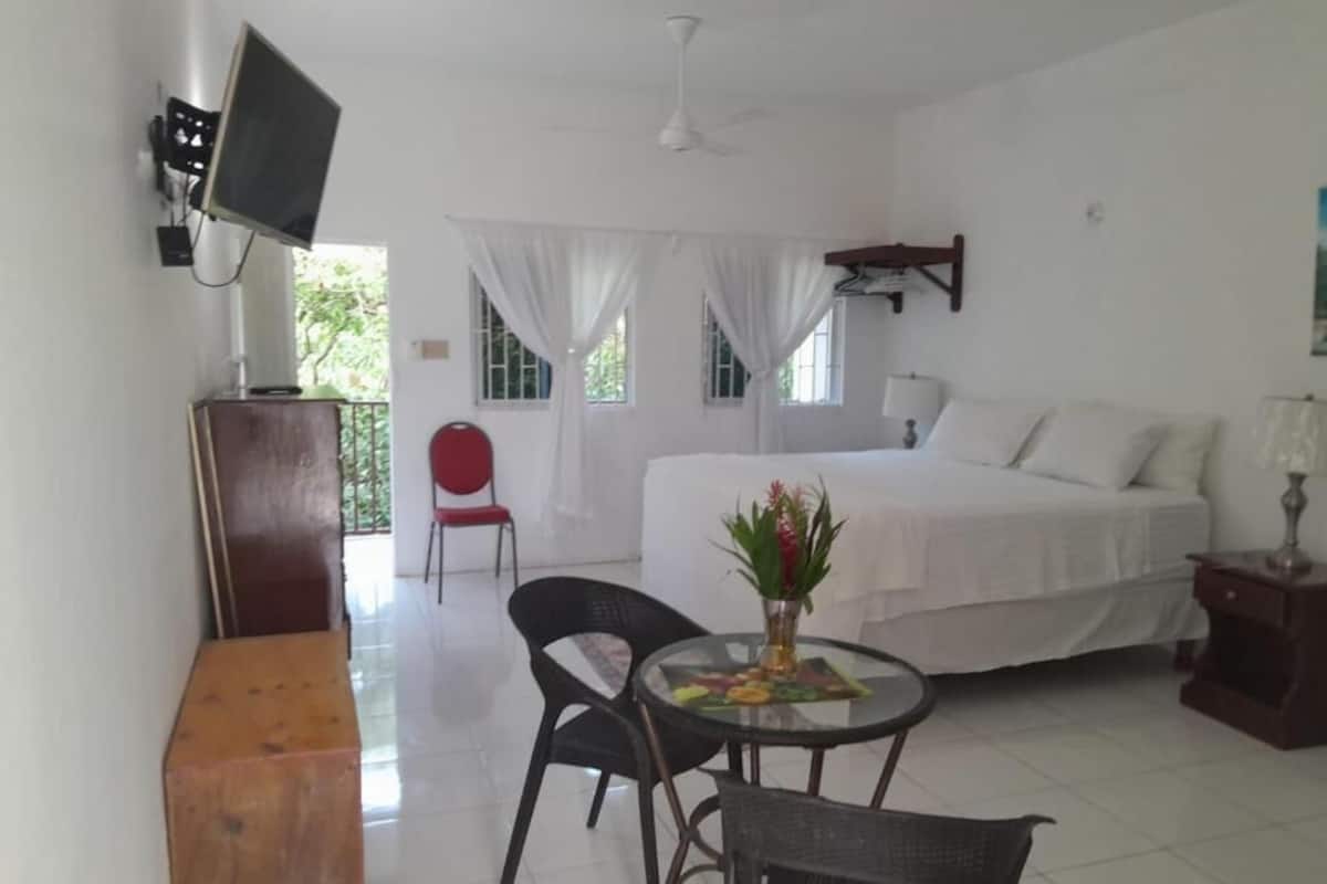 Un dormitorio con cama, televisor montado en la pared, mesa con sillas y ventana con cortinas.