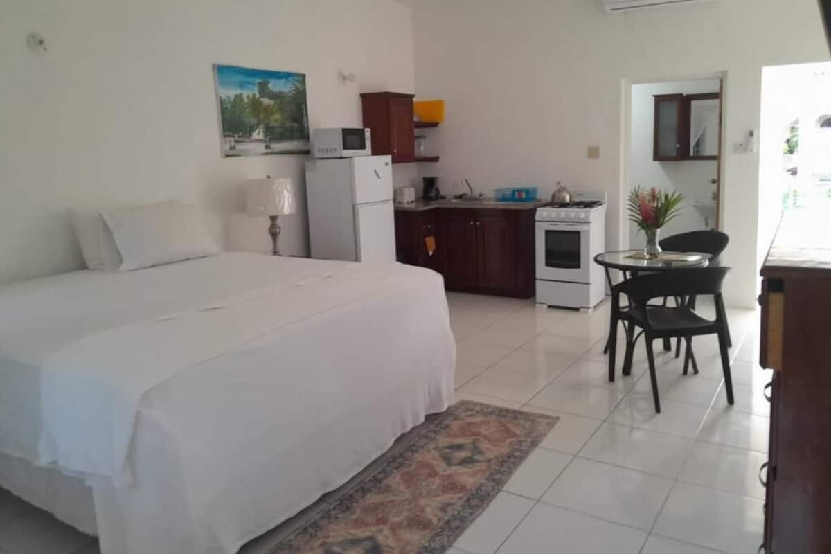 Un dormitorio con cama, una kitchenette pequeña y una zona de comedor con mesa y sillas.
