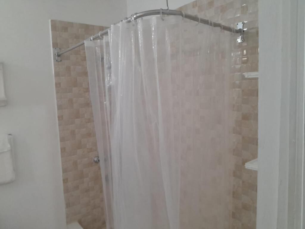 Ducha con mampara de vidrio curvo y pared de azulejos.