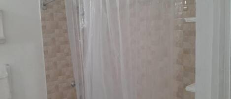 Ducha con mampara de vidrio curvo y pared de azulejos.