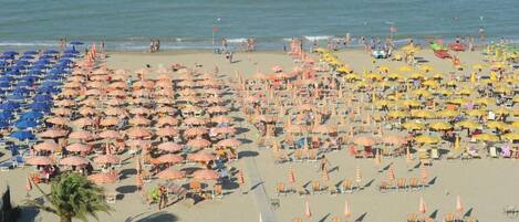 A beach with numerous umbrellas and sun loungers, a clear sky, and a calm sea.