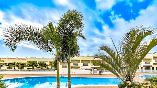 Ein Swimmingpool mit Palmen, blauem Himmel und einem Gebäude im Hintergrund.